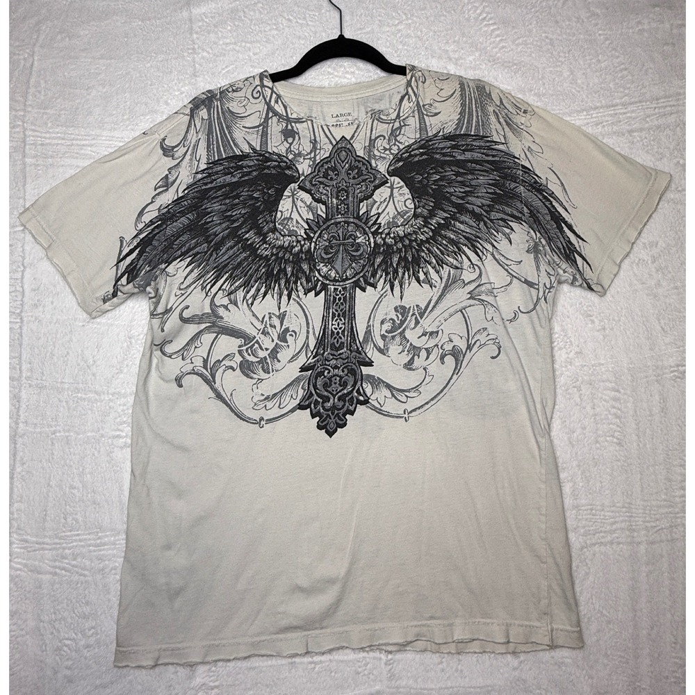 Affliction Mens Graphic T-Shirt Large Cream Gothic Cross Wings Skulls Y2K MMA